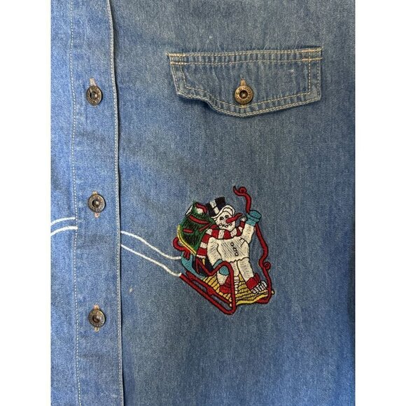 Vintage Christmas Denim Button Down Shirt Embroidered long Sleeve, Size L - Picture 4 of 10